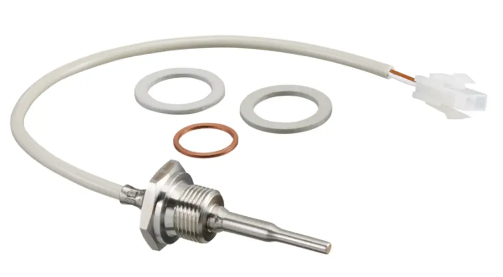 Temperatursensor von Oventrop mit Einschraubfühler, Anschlusskabel und Dichtungen. Geeignet für Anwendungen in Trinkwasseranlagen.